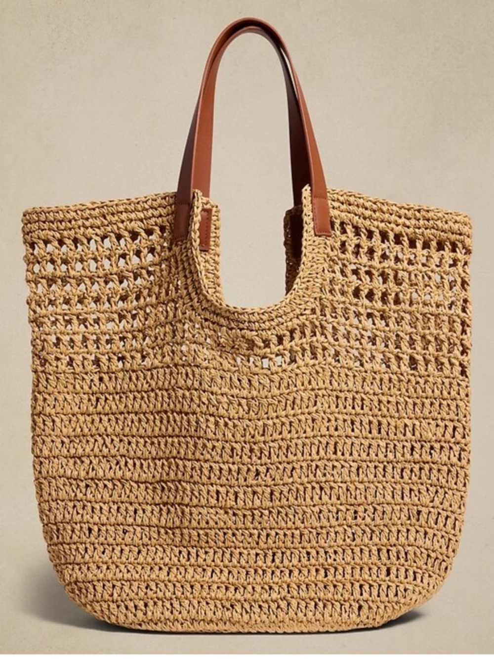 Banana Republic Woven Straw Tote Bag with Brown Leather Handles